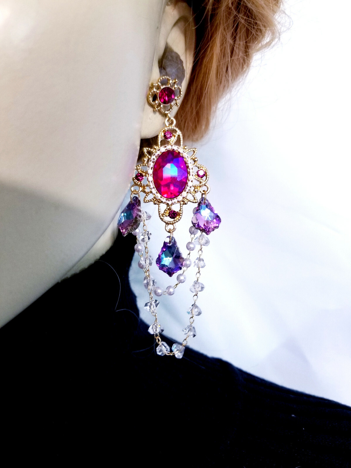 Pink Drop Rhinestone Crystal Earrings Chandelier Pageant Prom Statement 4.1 in