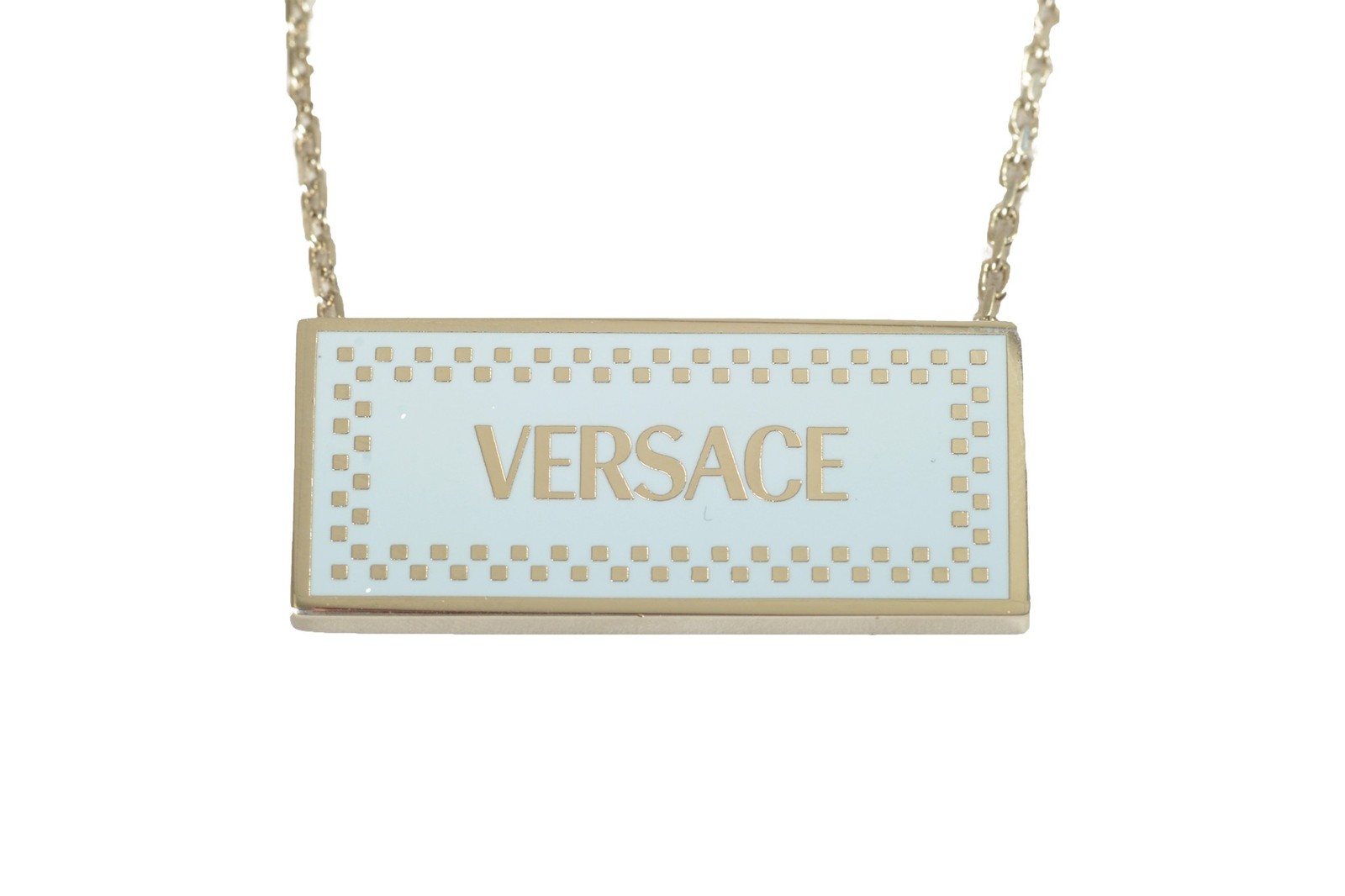 Versace Silver Color Metal Logo Print On Blue Enamel Pendant Necklace
