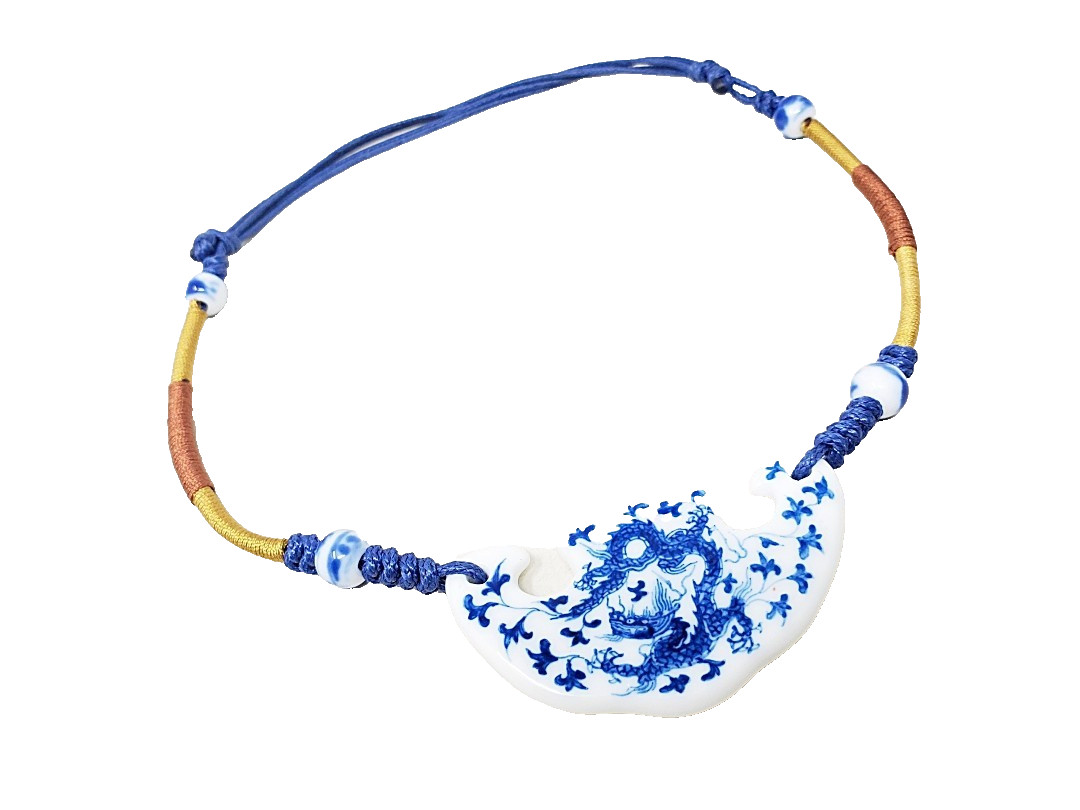 Porcelain Blue White Chinese Dragon Pendant Necklace Adjustable Length Ceramic