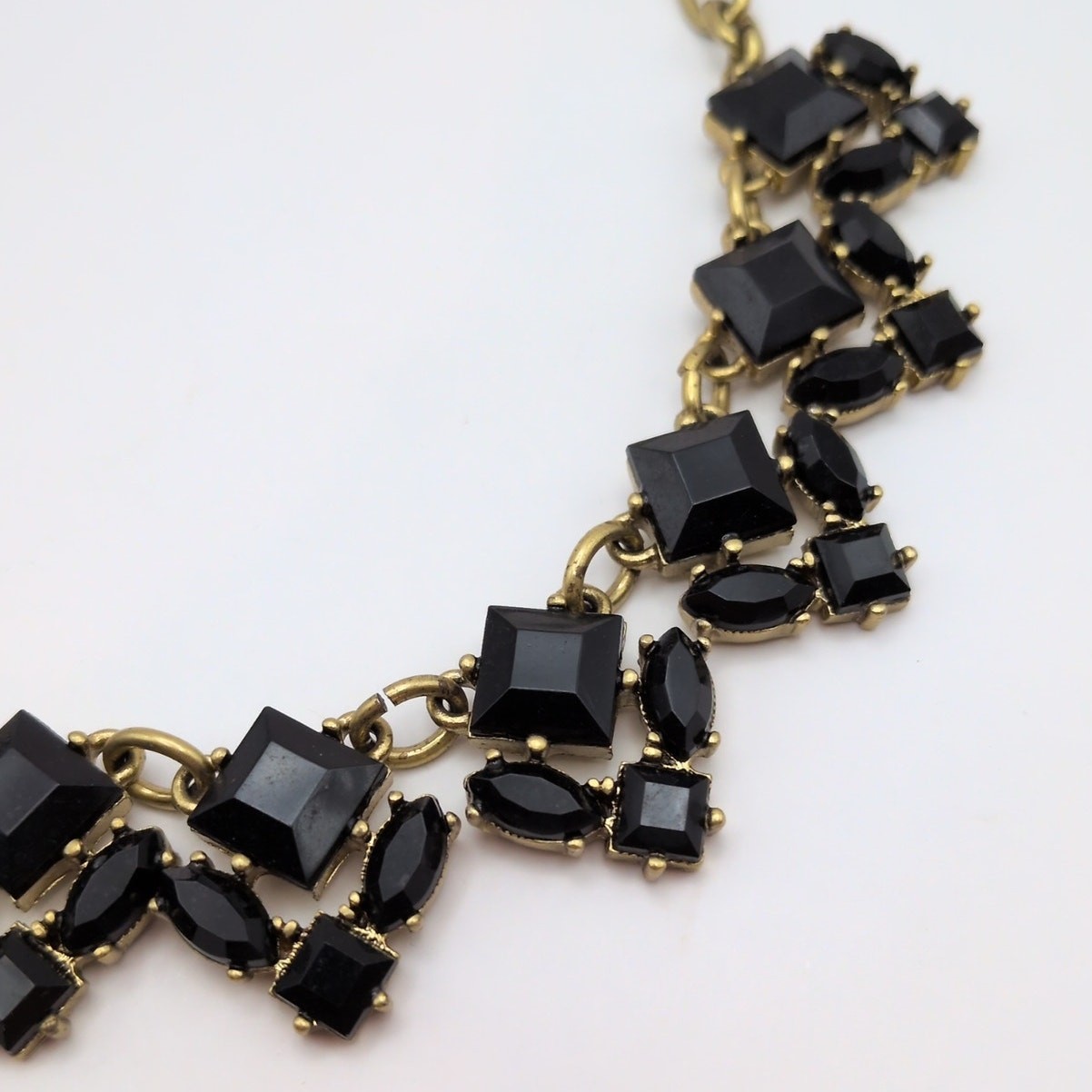 J. Crew Black Crystal Rhinestone Gold Tone Statement Necklace 17in-19.75in