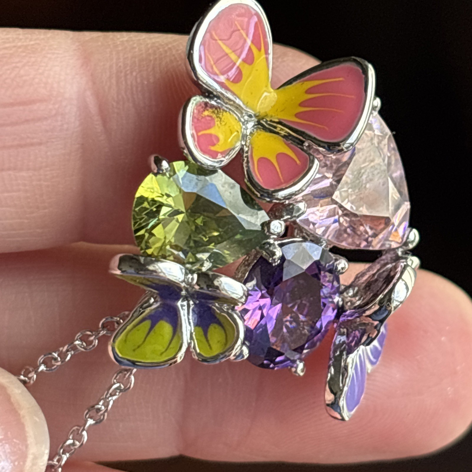 Park Lane Fairytale Pendant 16-18” Silver Tone Purple Pink Green Butterfly & Bns