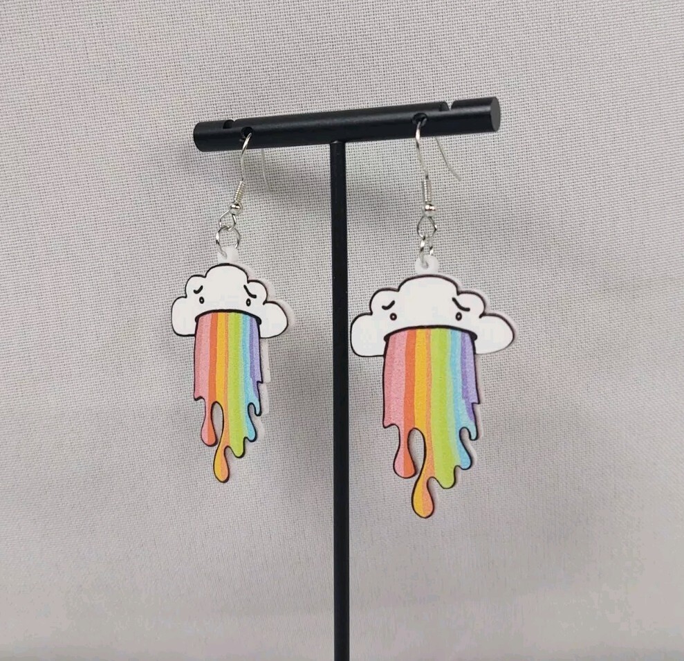 Hook Drop Dangle Pierced Earrings Big Plastic White Cloud Puking A Rainbow