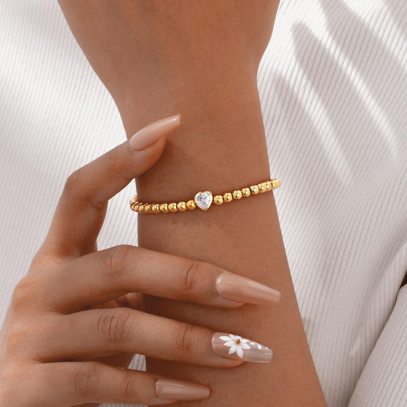 Vnox Cz Heart Beaded Bracelet Stainless Steel Women Valentine Gift 78 Chars