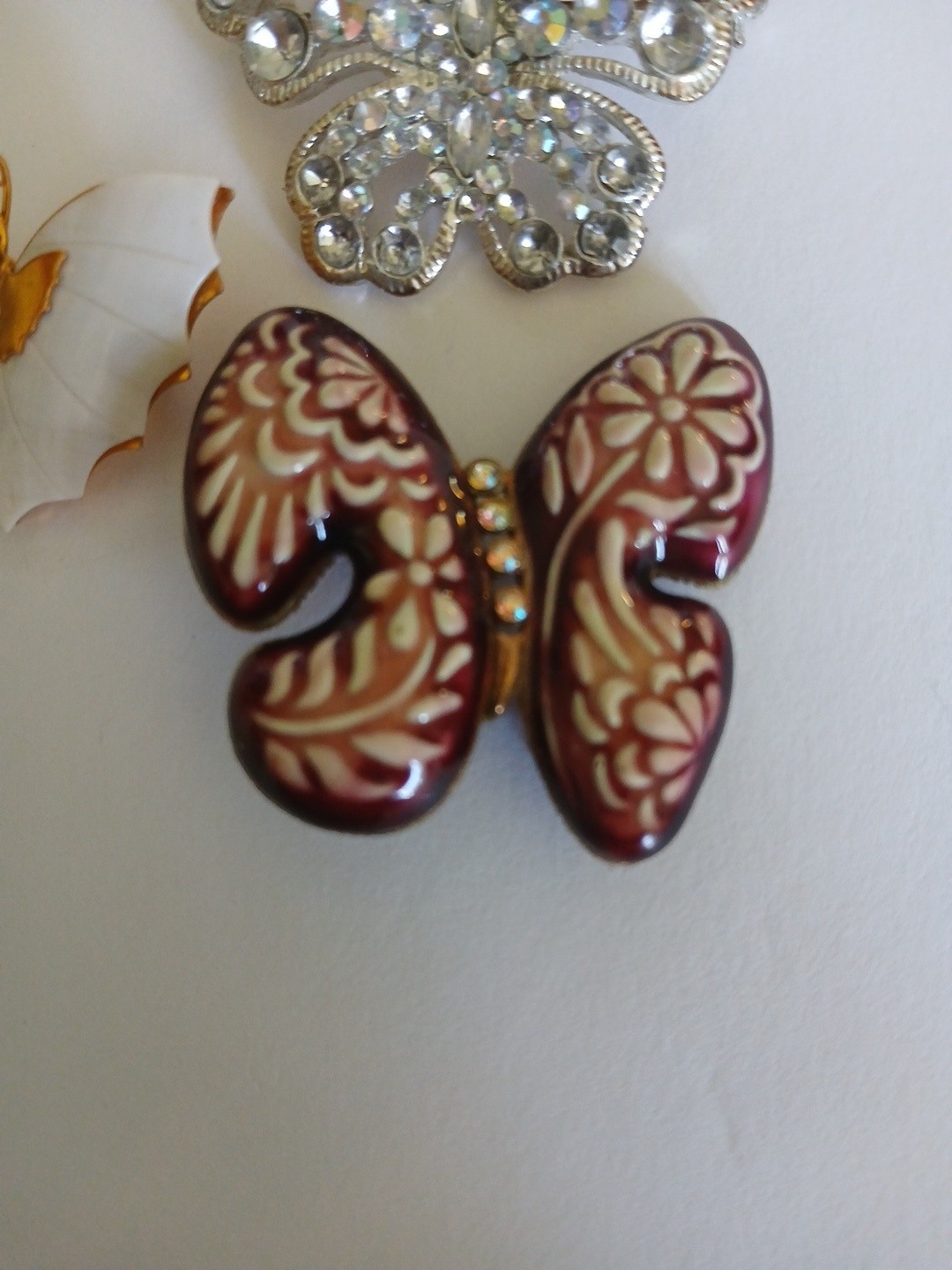 Lot Of Three Butterfly Pins Roaches Rhinestone Ceramic And Enamel