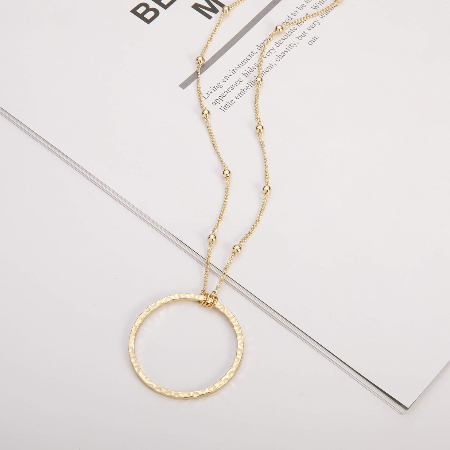 18K Gold Plated Circle Pendant Necklace Long Satellite Beaded Chain Jewelry for
