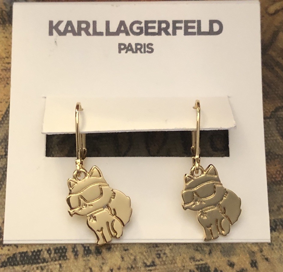 Karl Lagerfeld Polished Gold Tone Choupette Wearing Sunglasses Drop Earrings NWT