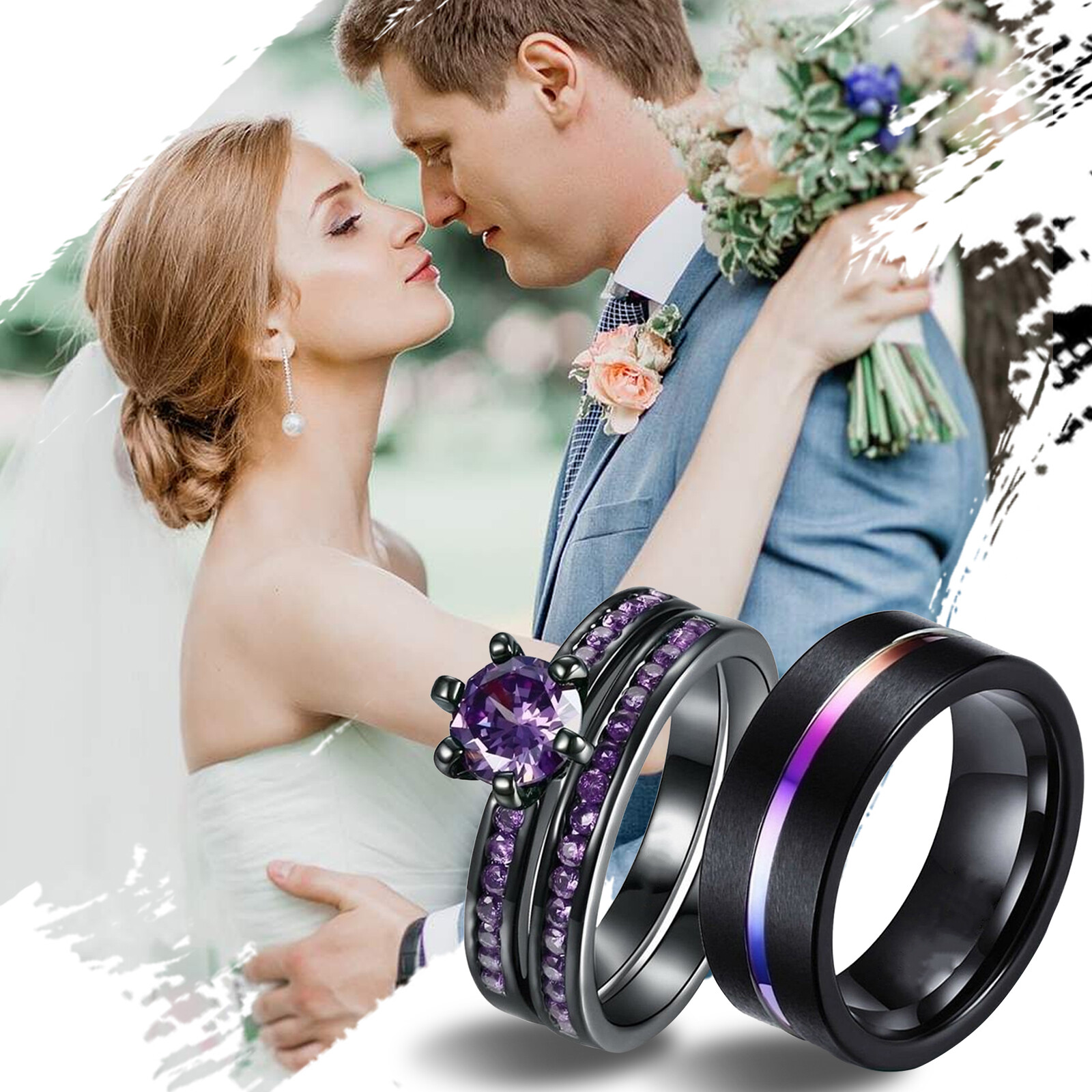 Couple Ring Set His&Hers Cubic Zirconia Stainless Steel Promise Stacking Band