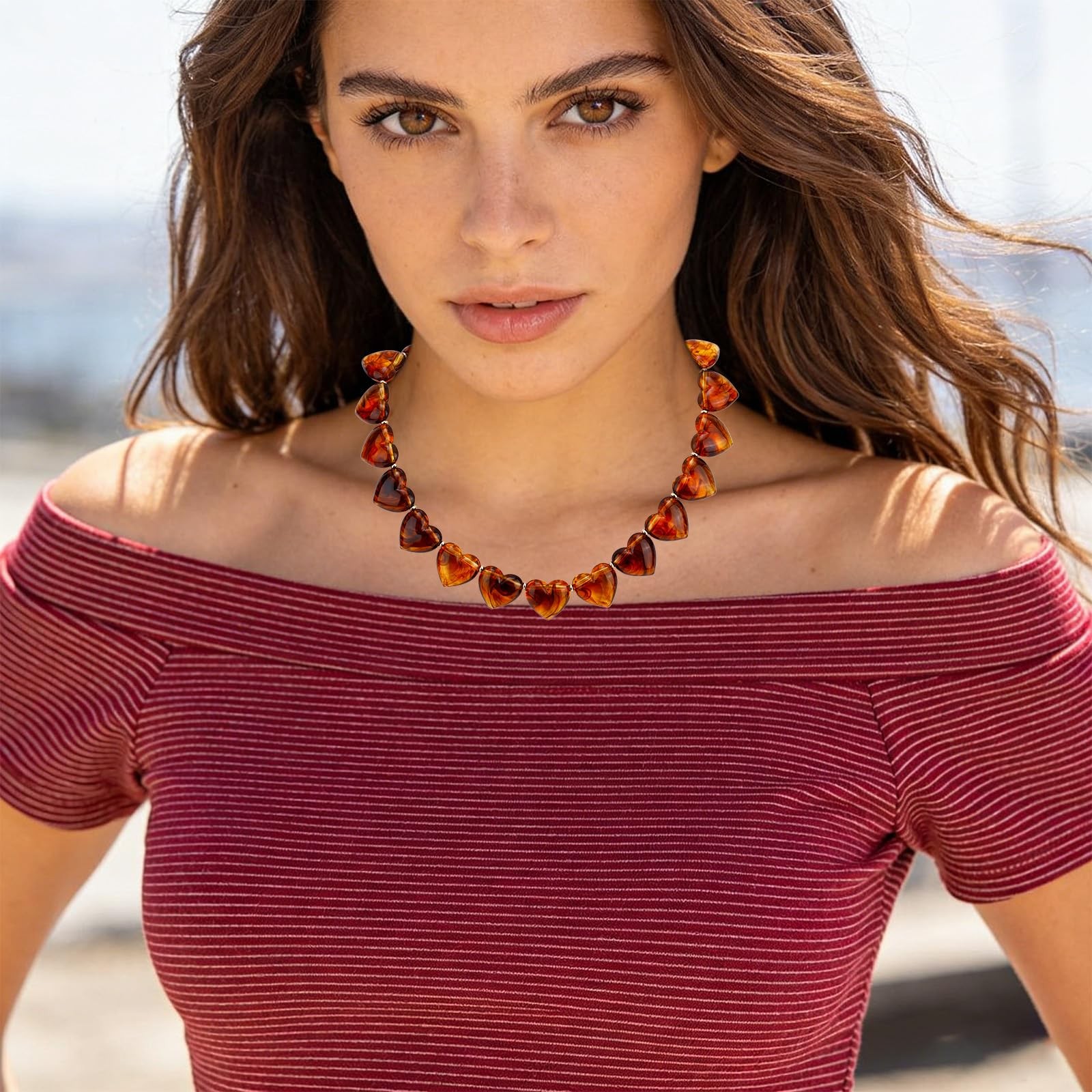Mikovivi Chunky Heart Choker Necklace for Women, Amber Medium, amber color
