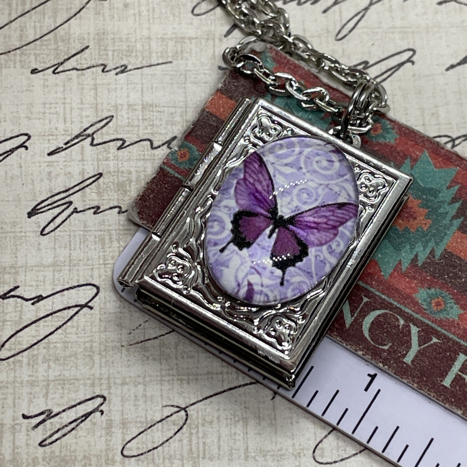 Silver Birthday anniversary purple BUTTERFLY book Locket pendant necklace photo