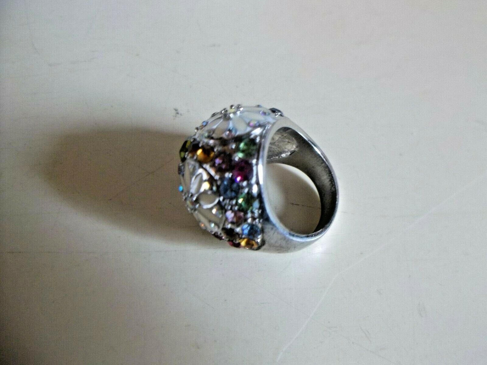 Floral Mound Crystals Enamelware Sterling Silver Woman’s Size 7 Statement Ring