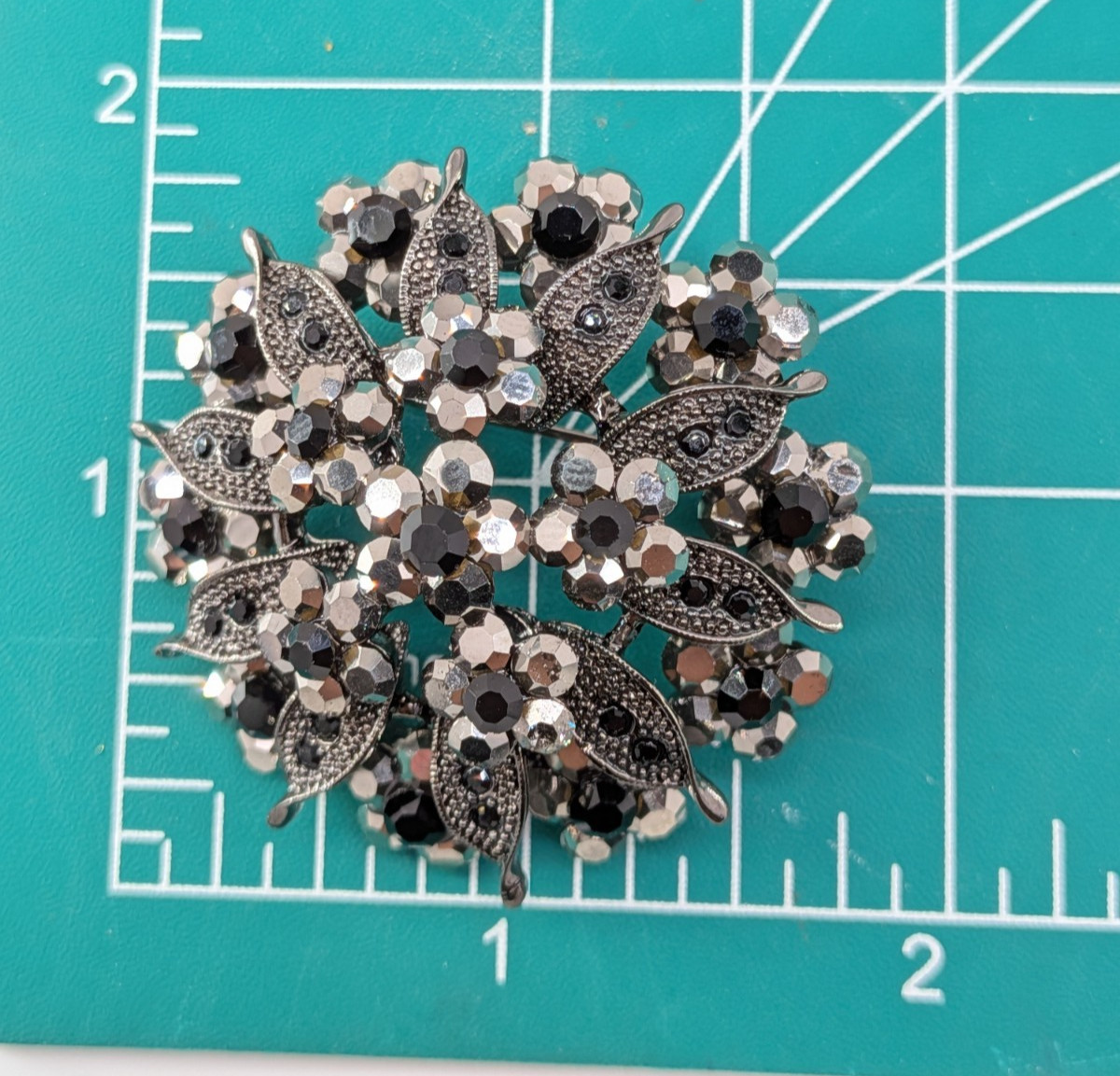 Vintage Gunmetal Rhinestone Flower Brooch Pin Hematite Crystal Dome 2in 30g
