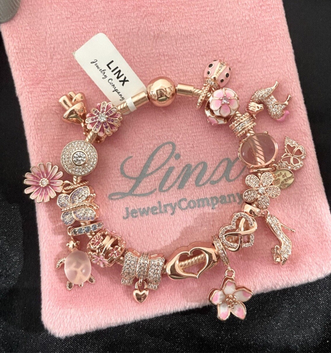Linx Rose Gold Snake Chain Bracelet with Rose Gold and Pink Themed Charms