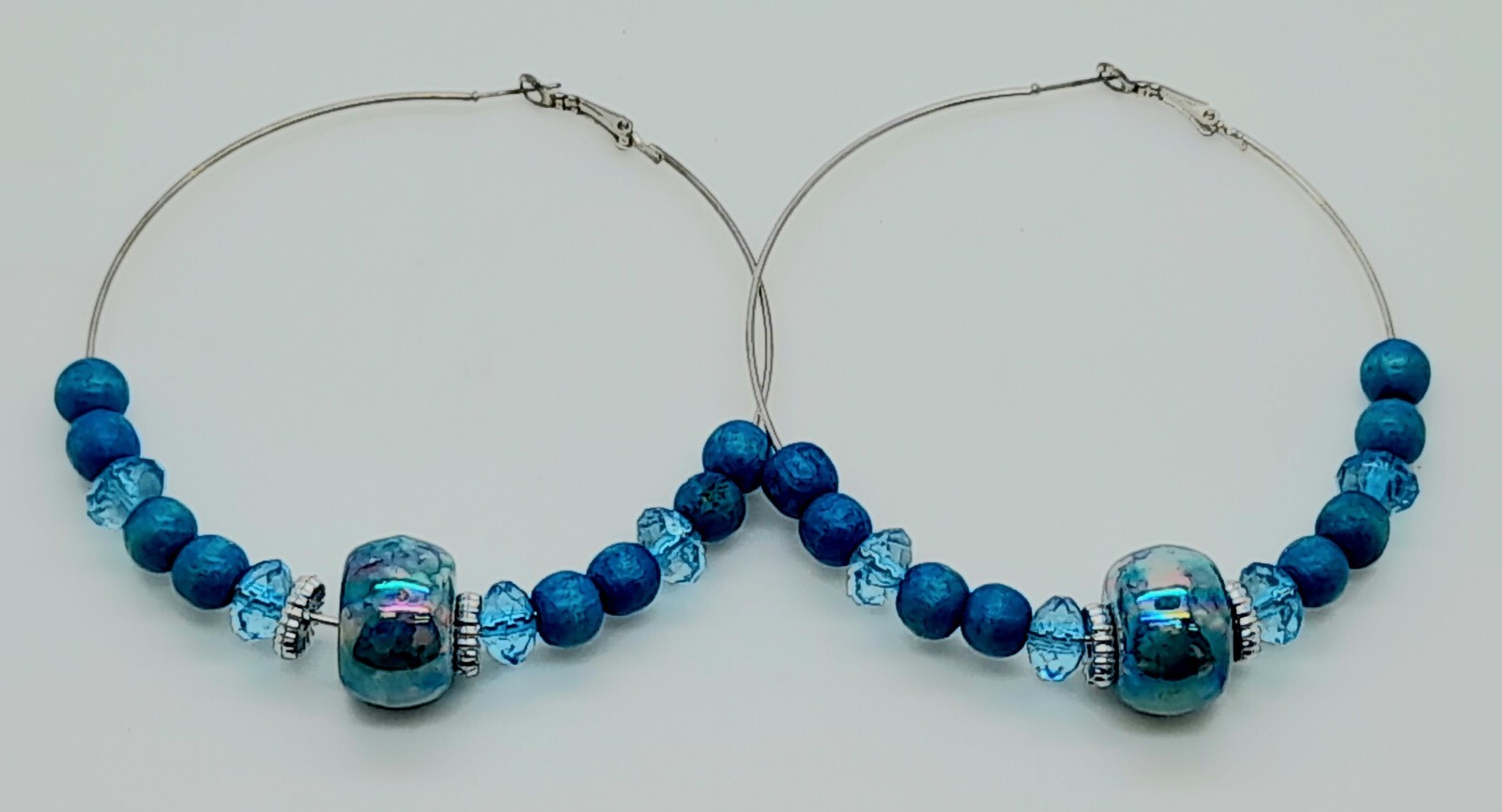 Bohemian Circle blue Wood Beaded plastic Bead Dangle Jewelry Hoop Earrings