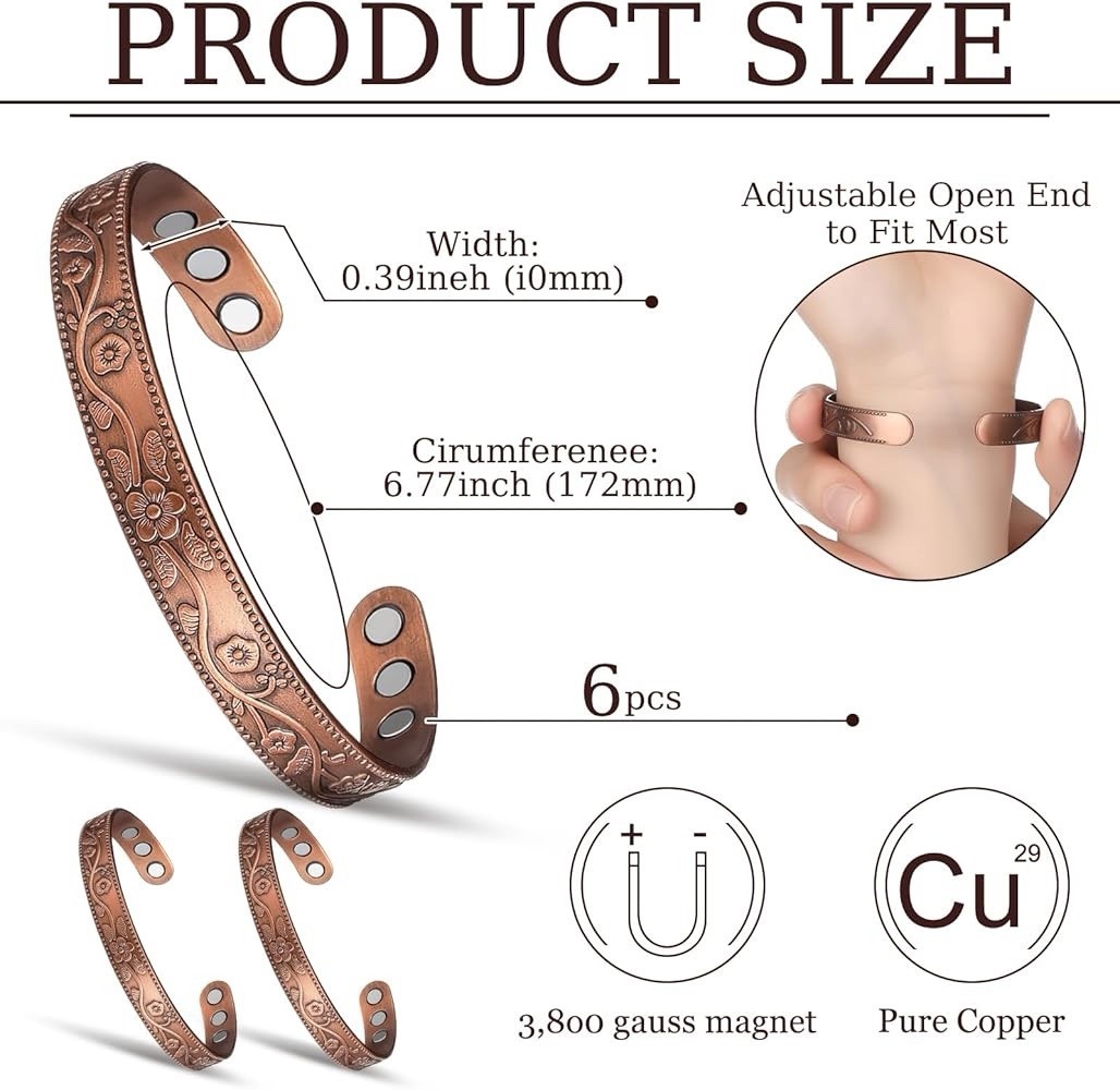Copper Magnetic Therapy Bracelet High Power Pain Arthritis Magnets 99.9% Copper