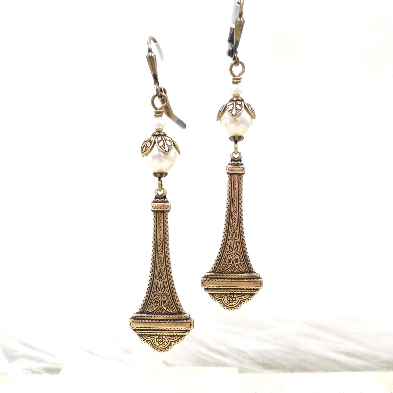 Brass Victorian Style Earrings, Cream Faux Pear Handmade Wedding Jewelry