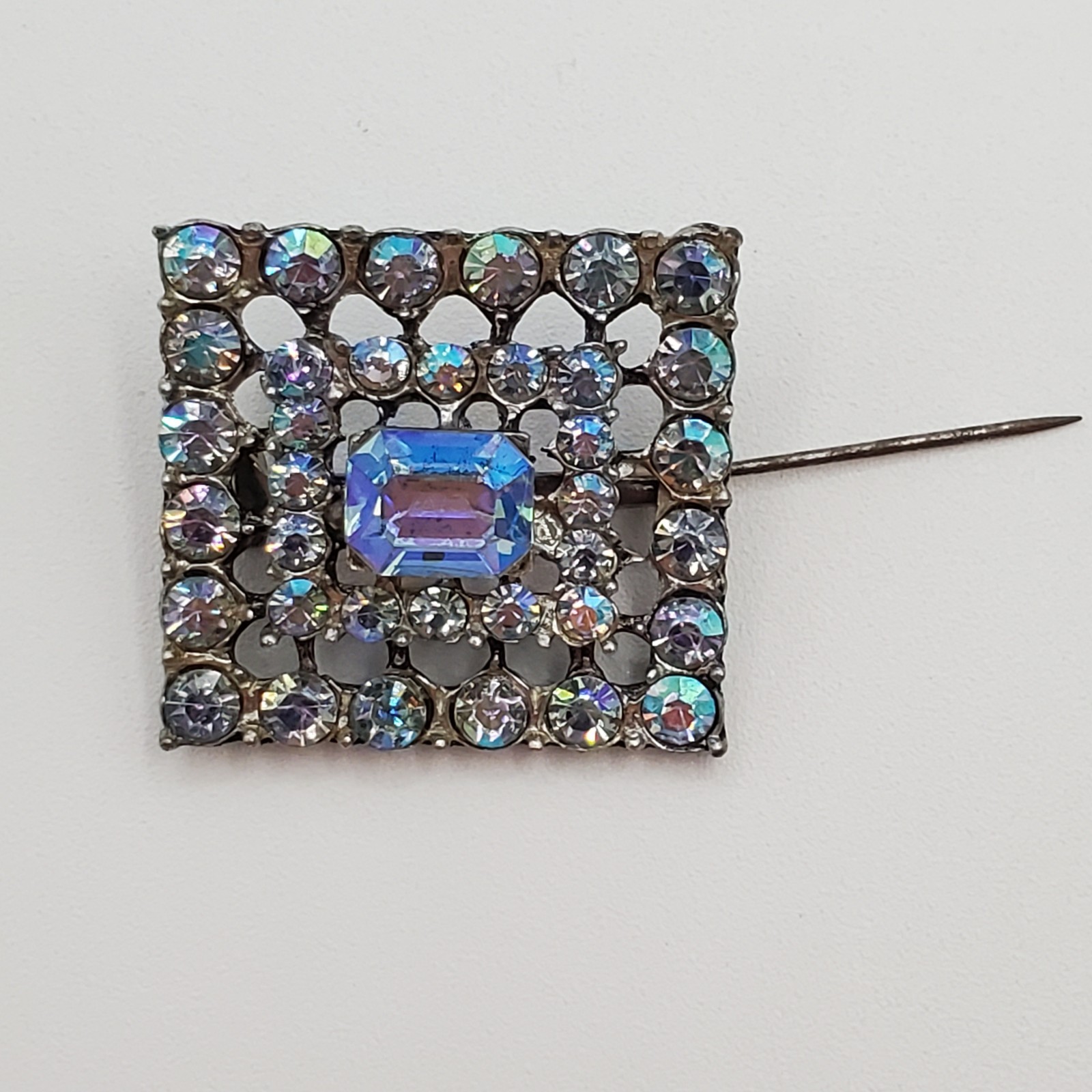 VTG Aurora Borealis Crystal Brooch 1in Square Silver Tone Blue Layered AB Pin