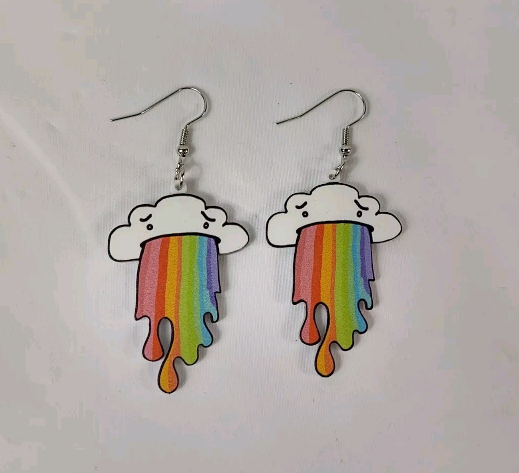 Hook Drop Dangle Pierced Earrings Big Plastic White Cloud Puking A Rainbow