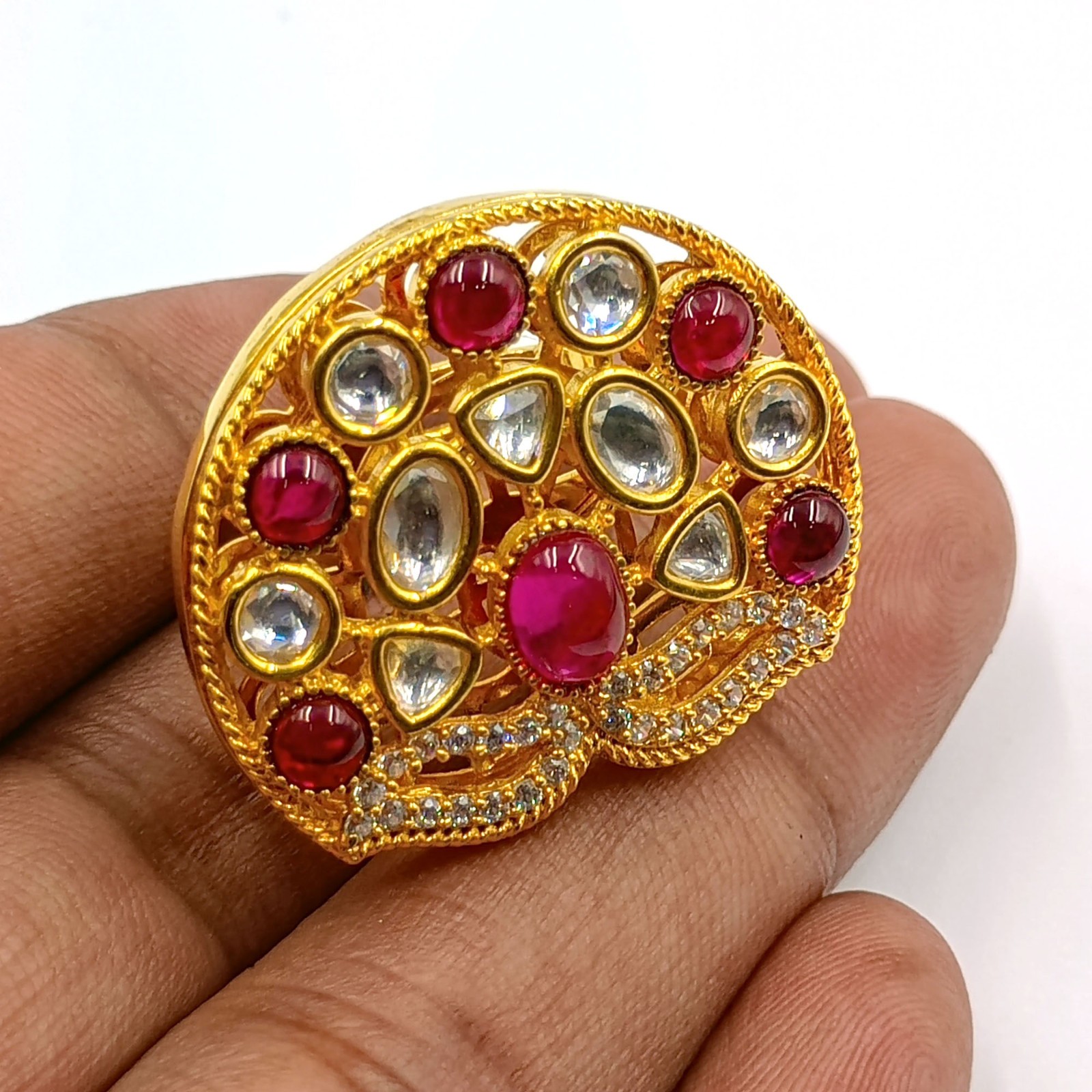 Traditional Indian Kundan Polki Ring Ruby Stone 22k Gold Plated Adjustable Band