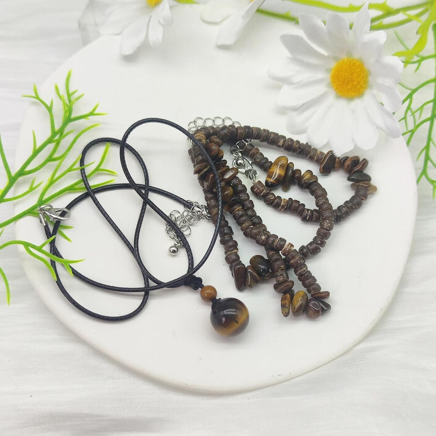Layered Puka Shell Necklace for Men Brown Coconut Wood Beads Necklace Boho Mens