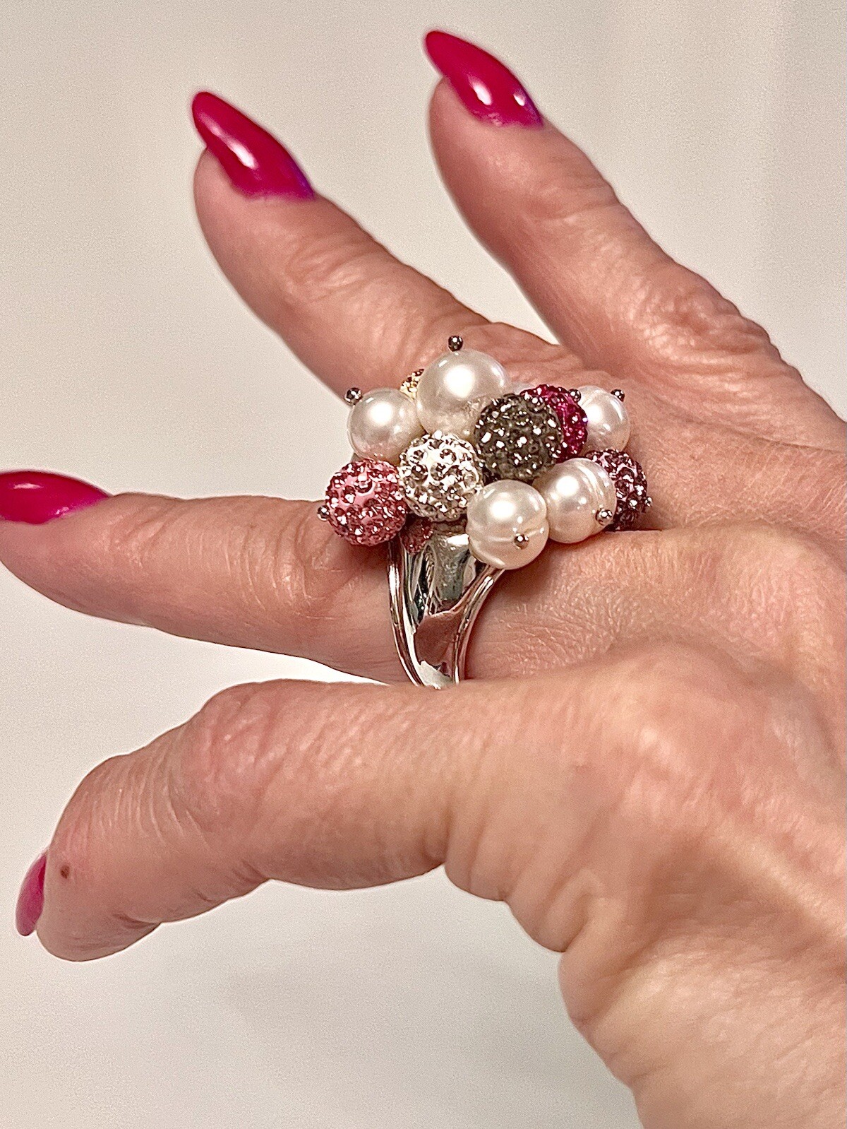 ROSS SIMONS~925 SS PEARLS W COLORED CRYSTAL BALL CLUSTER RING~SZ 7.25~15.7G