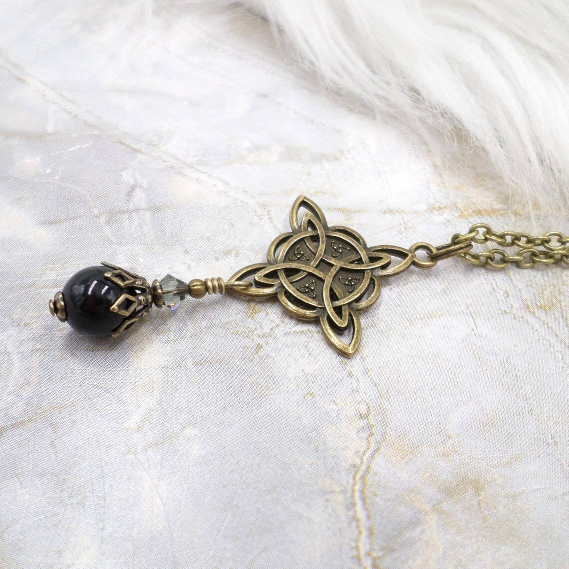 Celtic Knot Necklace, Black Bead Antique Brass Witch Knot Handmade Jewelry