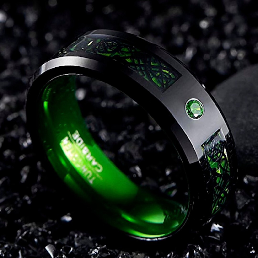 Fashion Black Stainless Steel Green Carbon Fibre Ring For Men