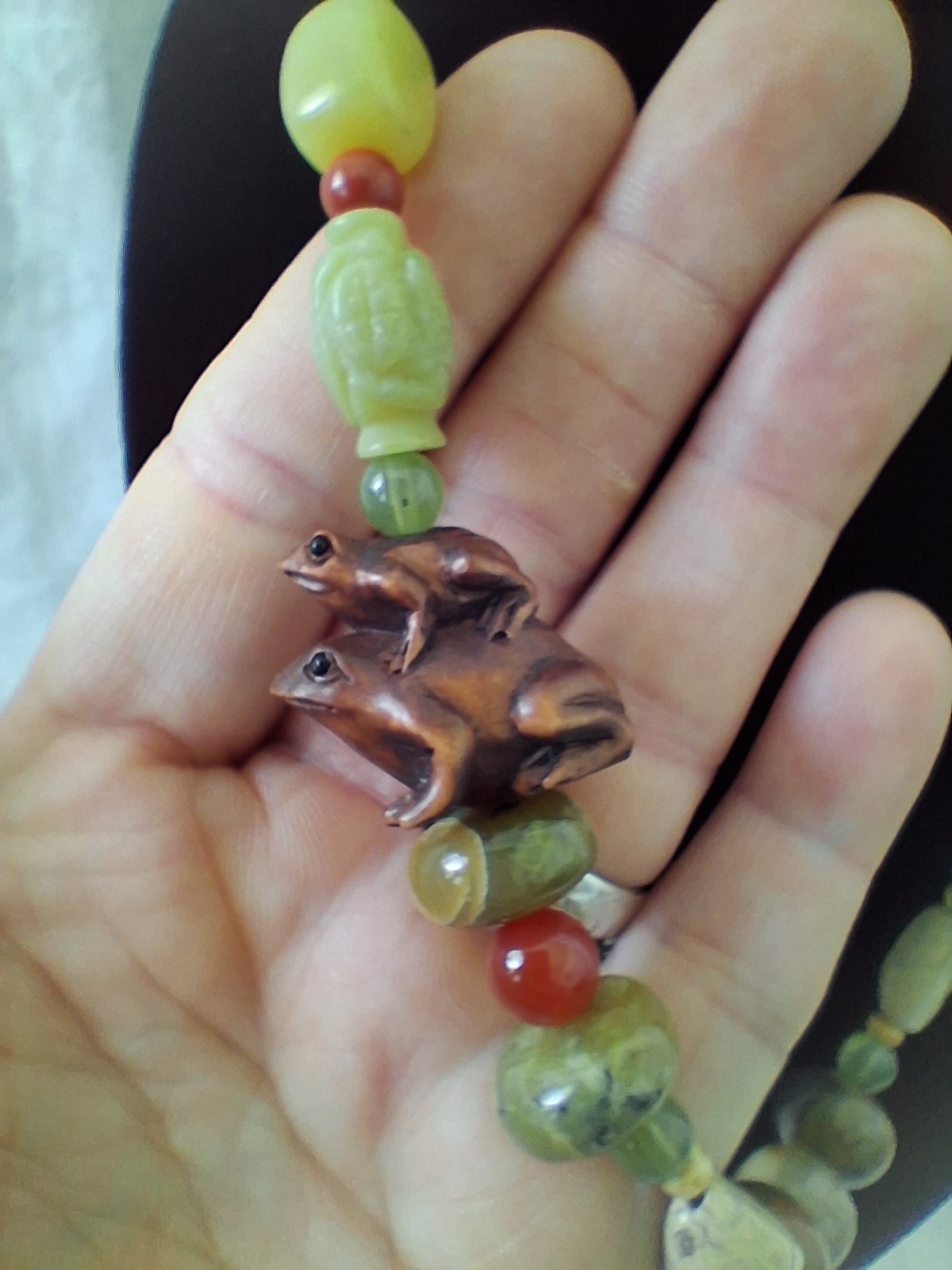 Jasper Stones, Red Carnelian Beaded Necklace With Frog Carved Animal Charm 9in