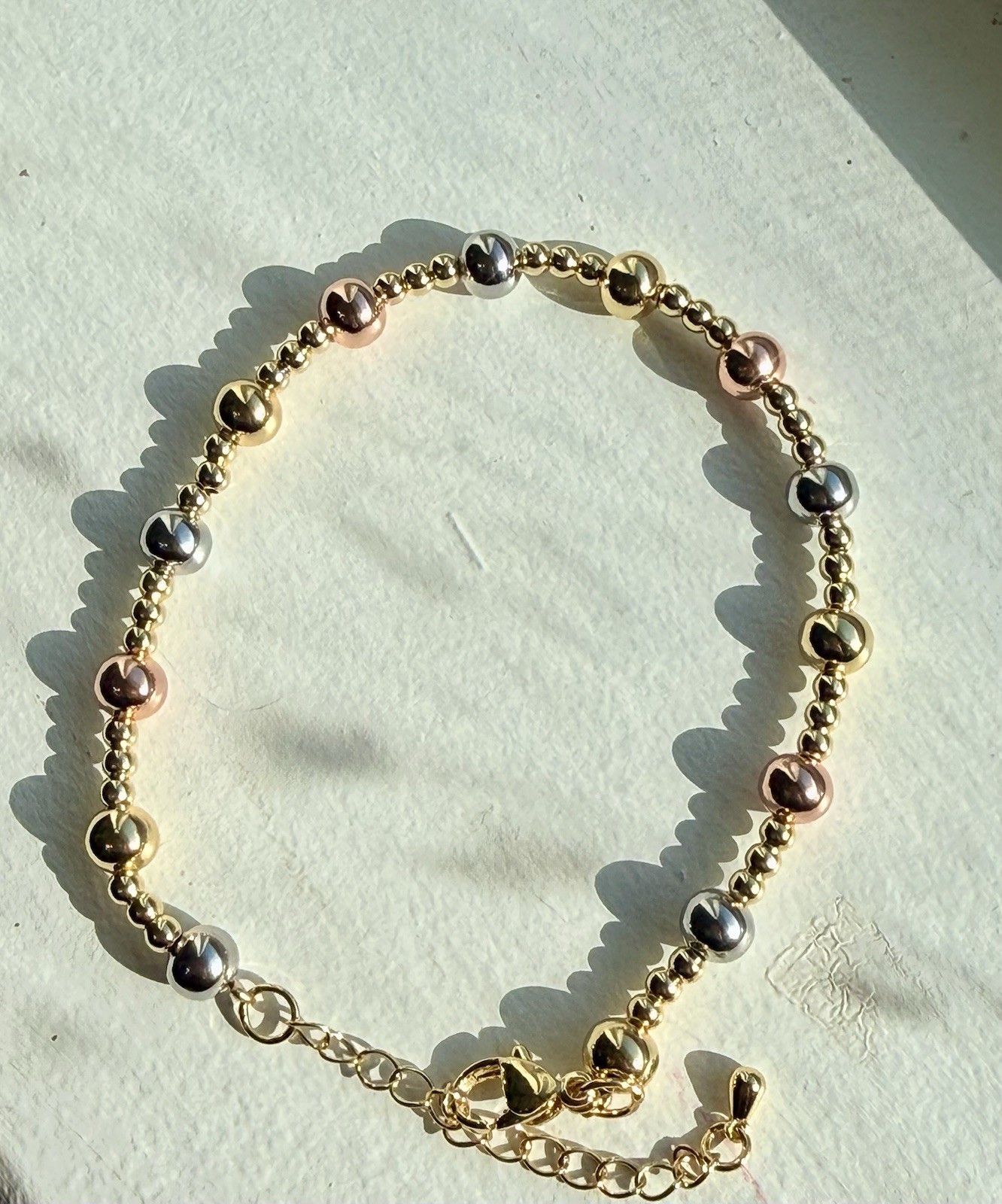 Tri-Tone Gold Plated Round Bead Chain Adjustable Bracelet Lobster Clasp
