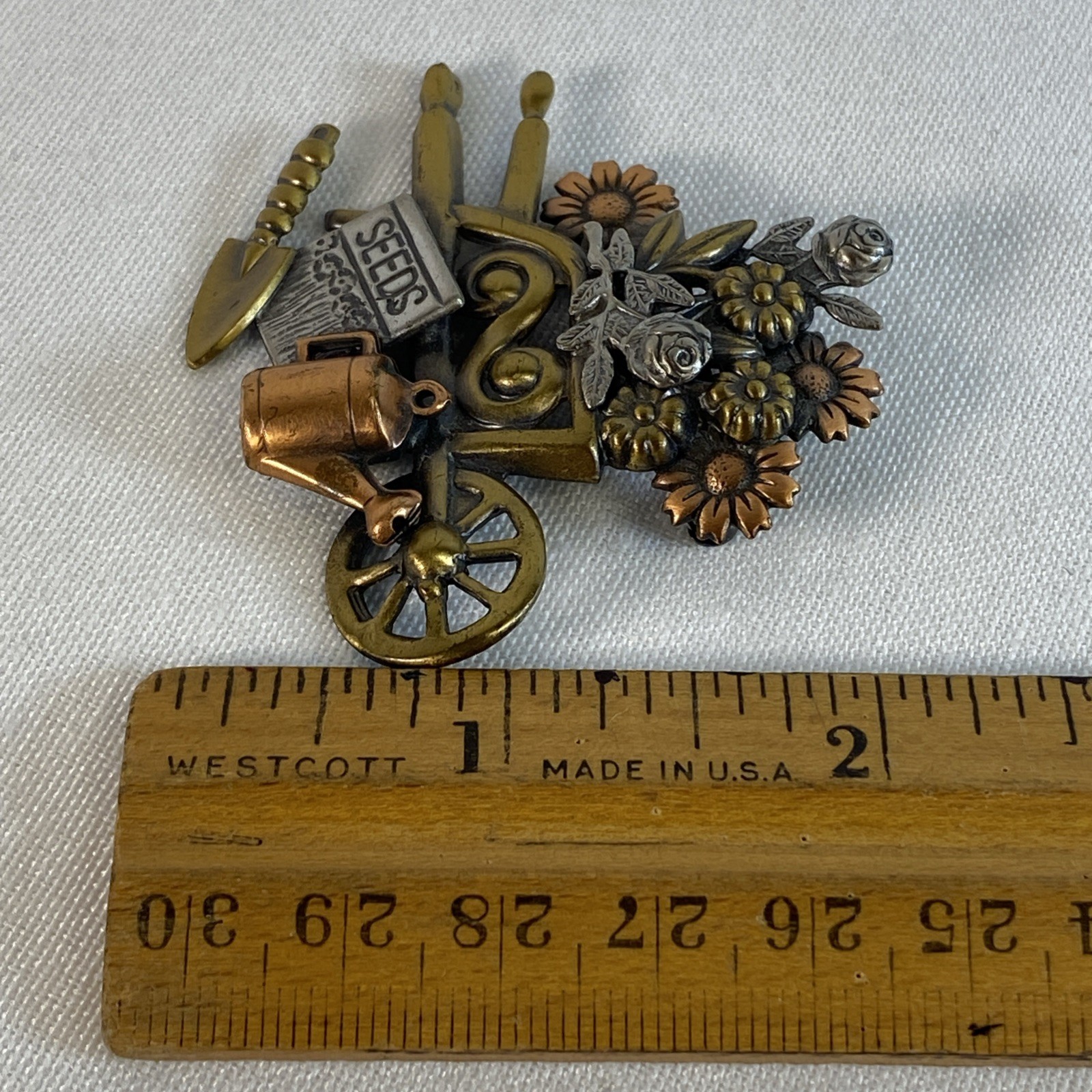 Brooch Pin K&T Flower Gardening Wheel Barrel Watering Can Spade Seeds Flowers