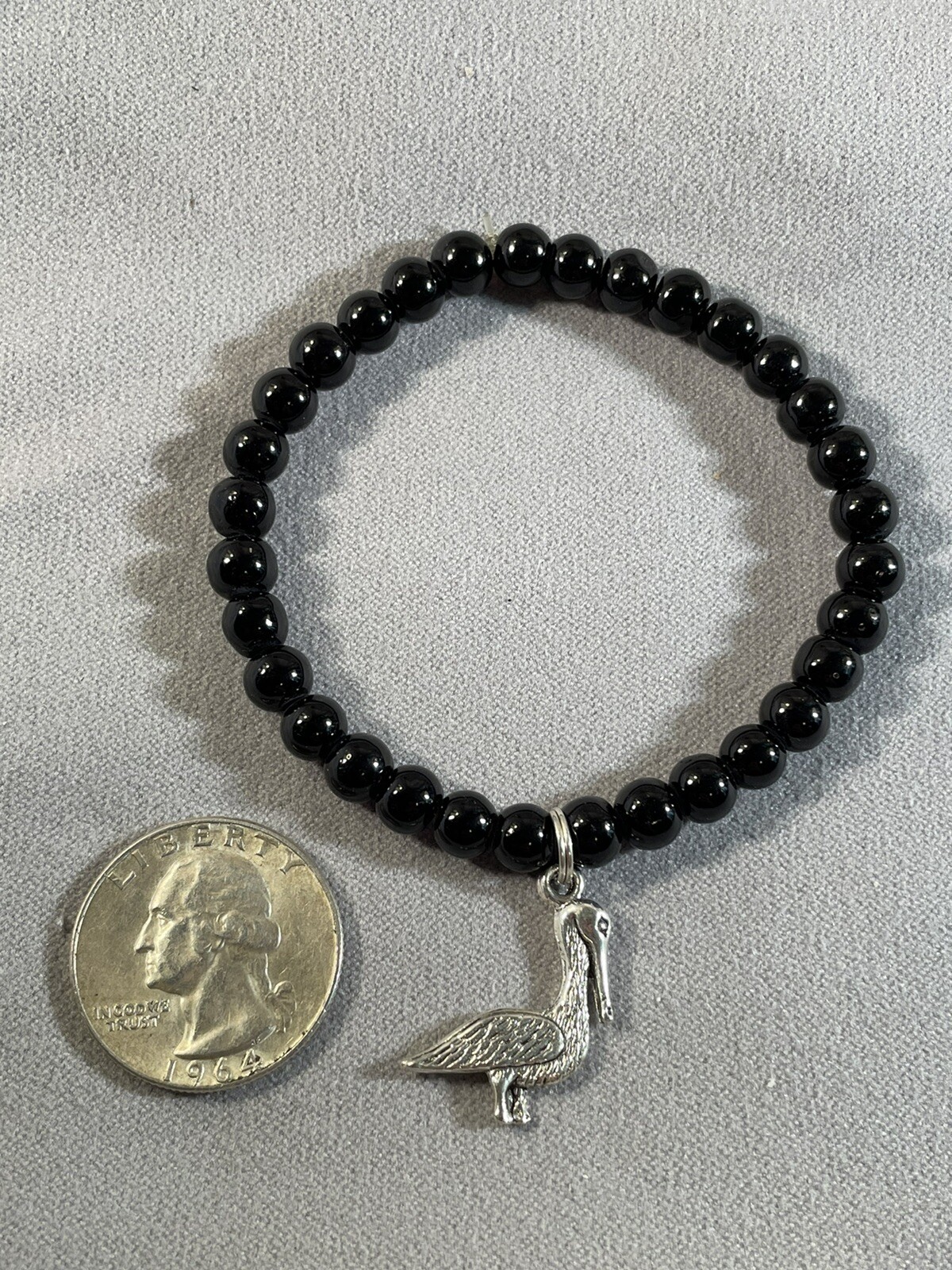 Pelican Silver charm Black Pearl Bracelet Stretch Bead Jewelry Handcrafted NEW