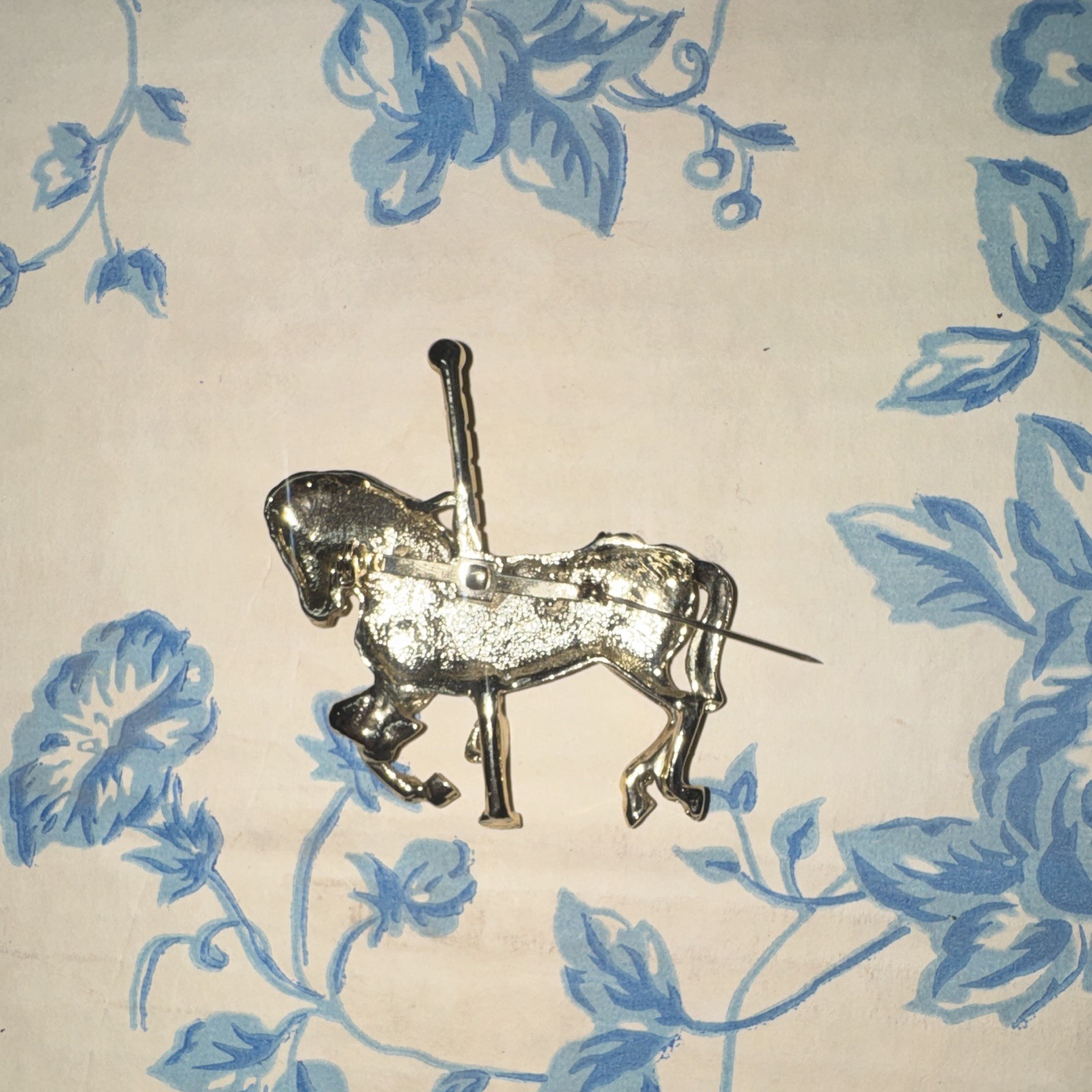 Carousel Horse Figural Brooch Pin Gold & Silver Tone Metal w Clear Rhinestones