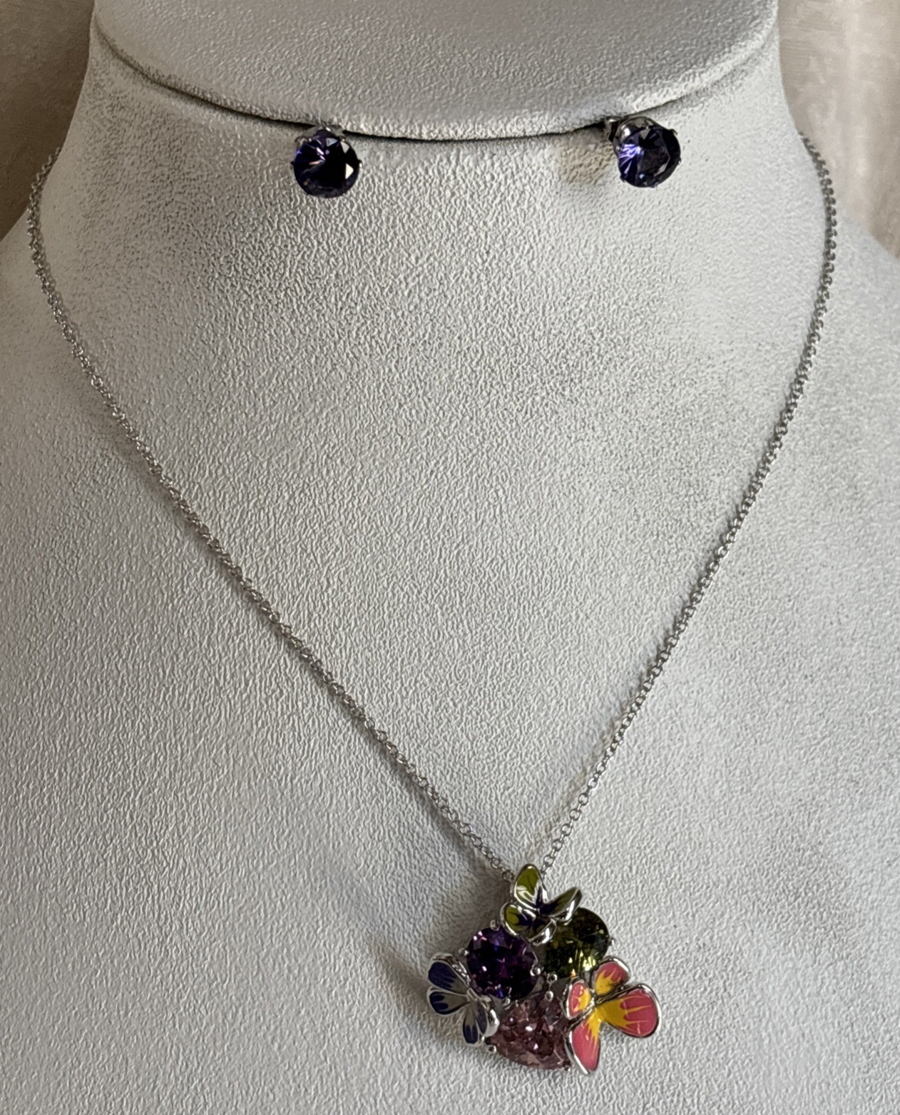 Park Lane Fairytale Pendant 16-18” Silver Tone Purple Pink Green Butterfly & Bns