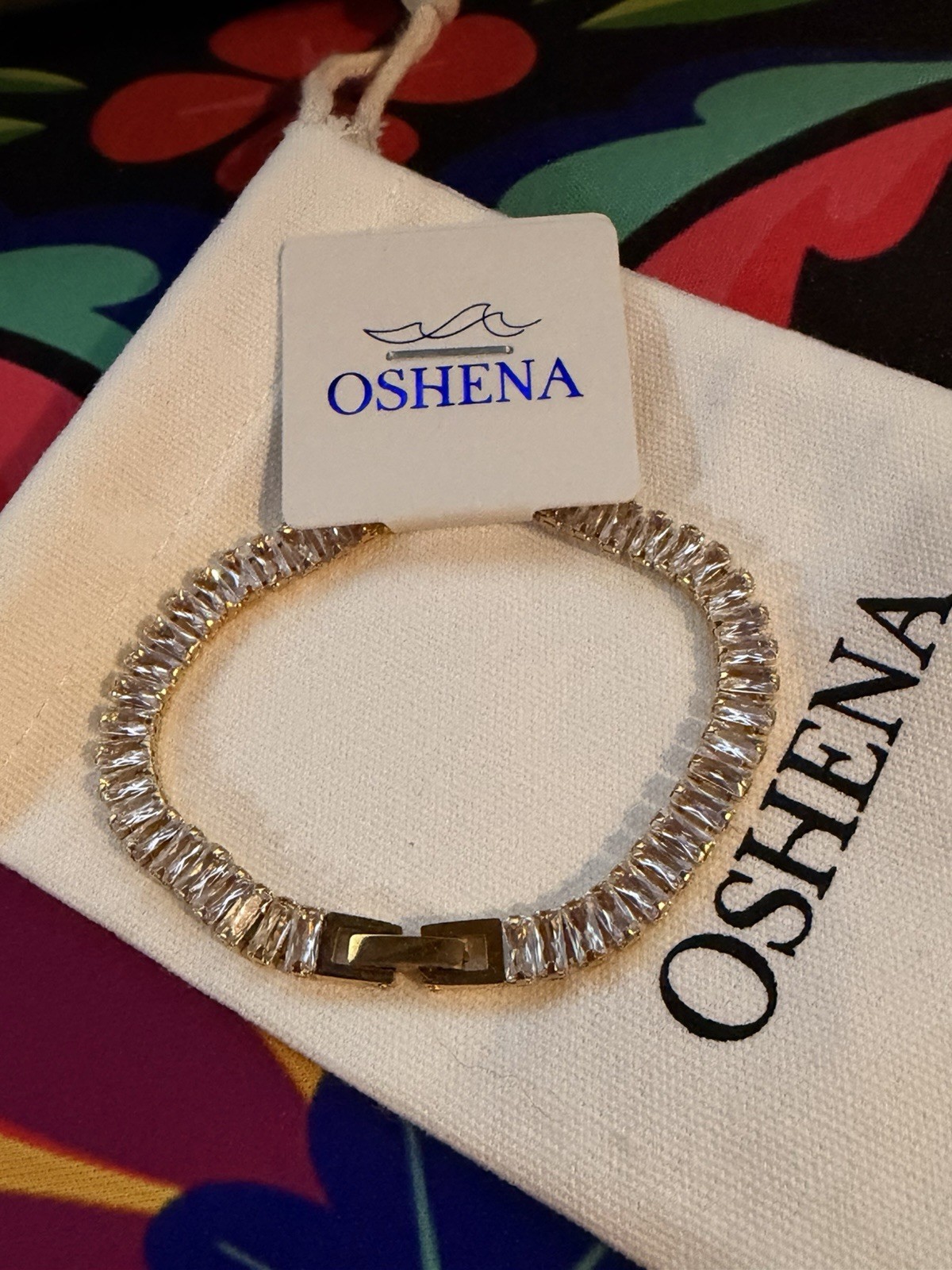 Oshena Halo Tennis Bracelet Gold Clear Channel-Set Rectangular Stones