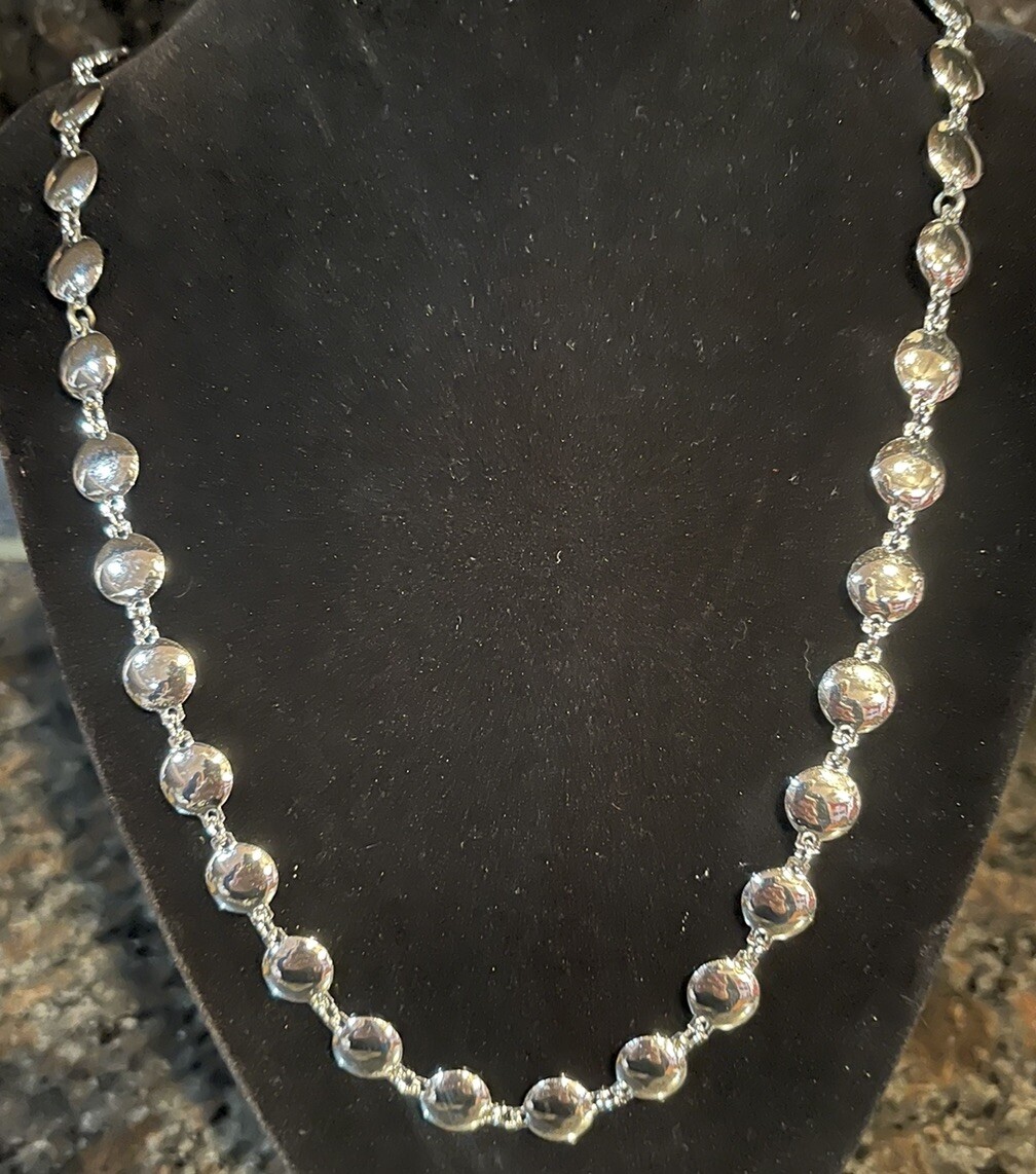 Silver Tone Round Flat Beaded Necklace 36 inches Lobster Claw Clasp