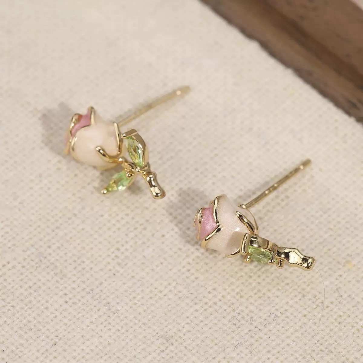 18K Gold Plated Rose Flower Stud Earrings Pink Enamel Floral CZ Earrings 391