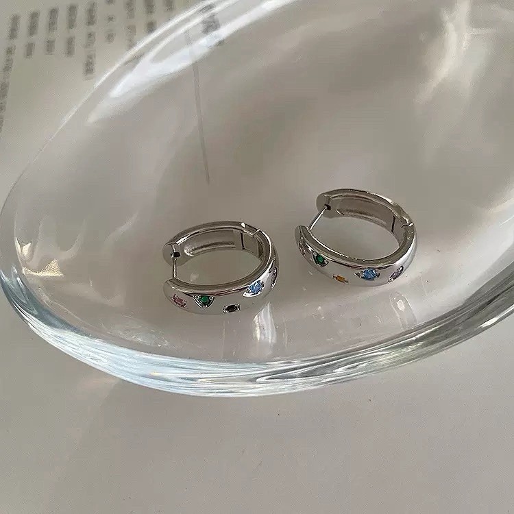 Colorful CZ Chunky Hoop Earrings For Women 925 Silver Hoop Earrings 022