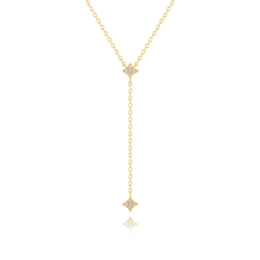 Gold Plated 925 Sterling Silver CZ Four Point Star Y Lariat Necklace