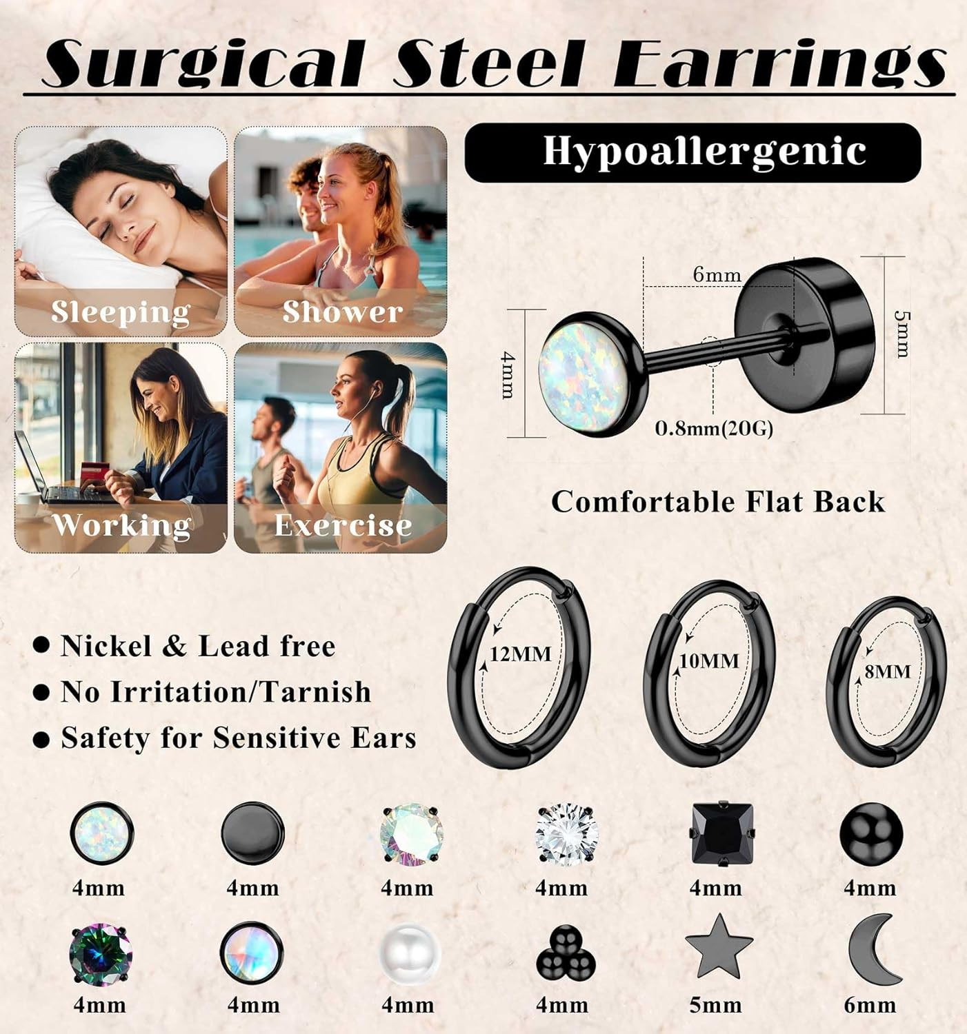 Hypoallergenic Flat Back Stud Earrings for Women Men Surgical Stainless Steel Ea