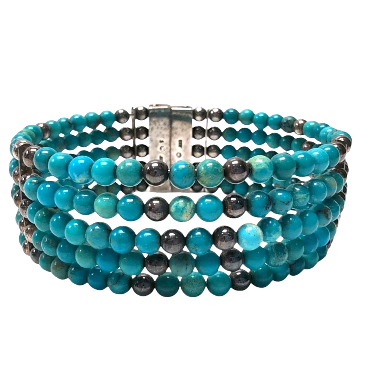 Sterling Silver .925 Turquoise Beaded Multi-Strand Magnetic Cuff Bracelet 30g