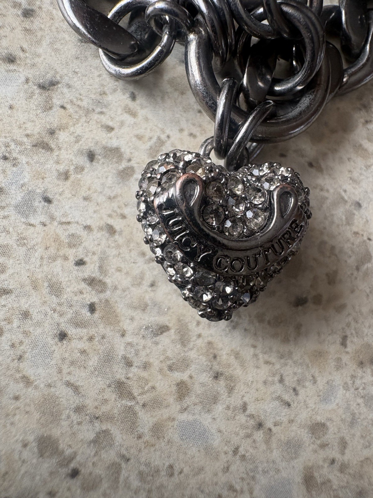 Juicy Couture Signed Curb Link Toggle Bracelet Heart Charm Crystal