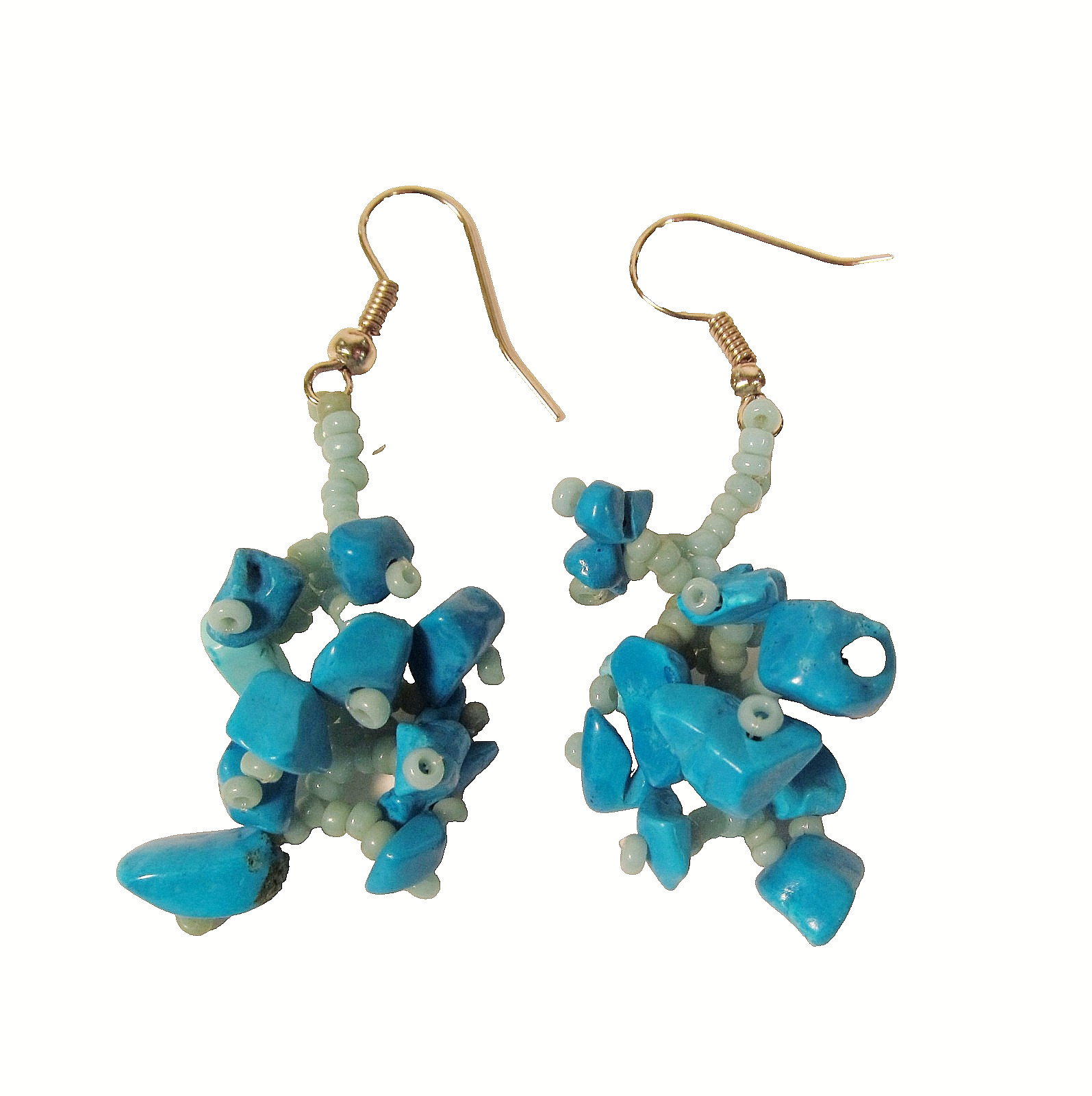 1 1/2″ Drop Style Turquoise Color Stone Chip Handmade Dangle Seed Bead Earrings