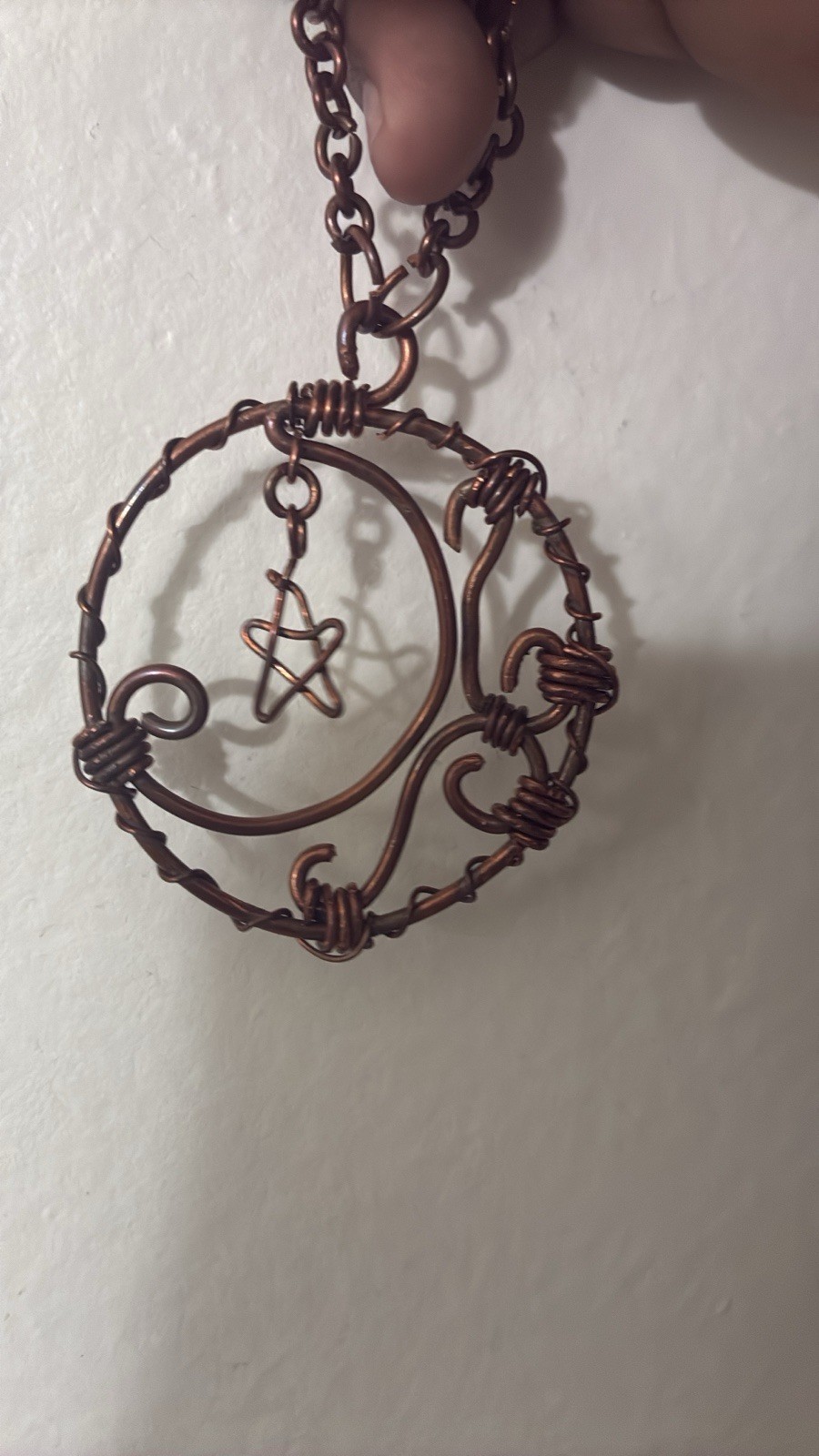 Handcrafted Copper Wire Wrapped Round Star Charm Pendant Link Chain Necklace