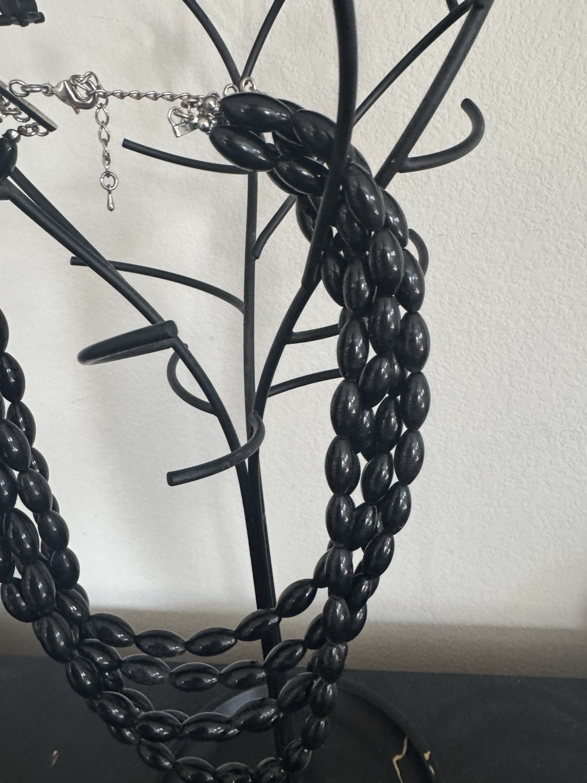 Black Oval Beaded Layered Multi-Strand Necklace Silver-Tone Clasp