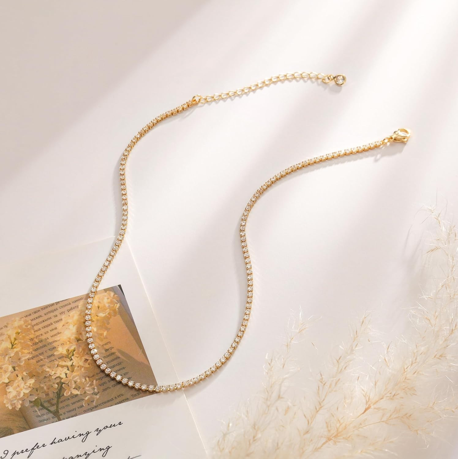 Tennis Necklace for Women, 14K Gold/Silver Plated Rhinestone Choker Necklace for
