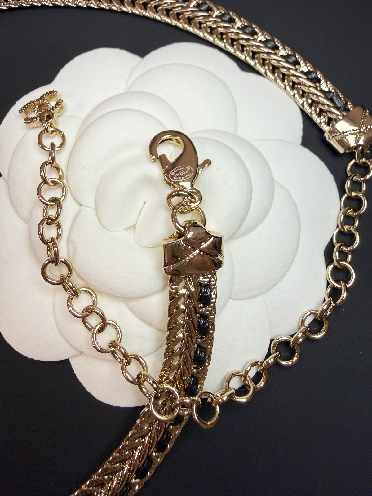 CHANEL Gold Black Leather Woven Chain Choker Necklace CC Logo BRAND NEW
