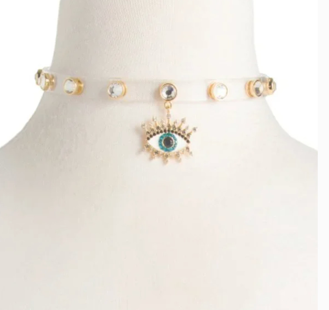 NWT Kurt Geiger London Clear Jelly Crystal Pavé Evil Eye Choker Necklace 15”