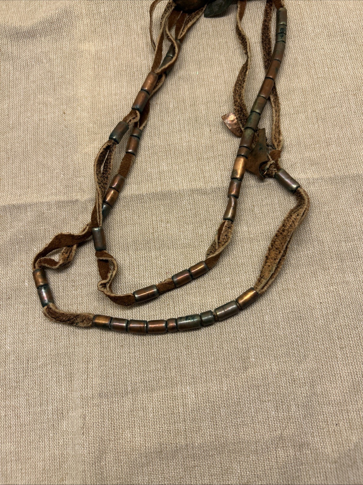 Set of Two Boho Tribal Style Necklaces Leather Cord Copper Metal Charms Beads