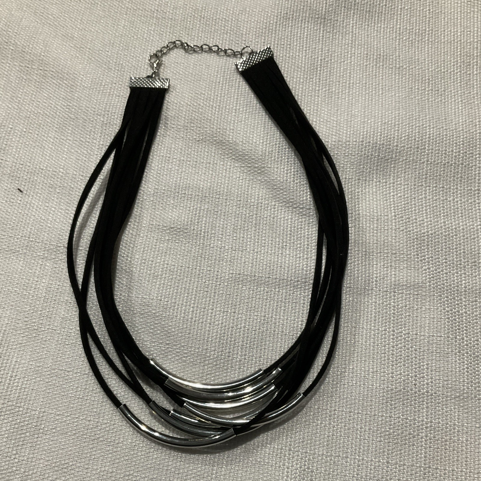 Black Multi-Strand Faux Leather Statement Necklace Silver Rings Adjustable