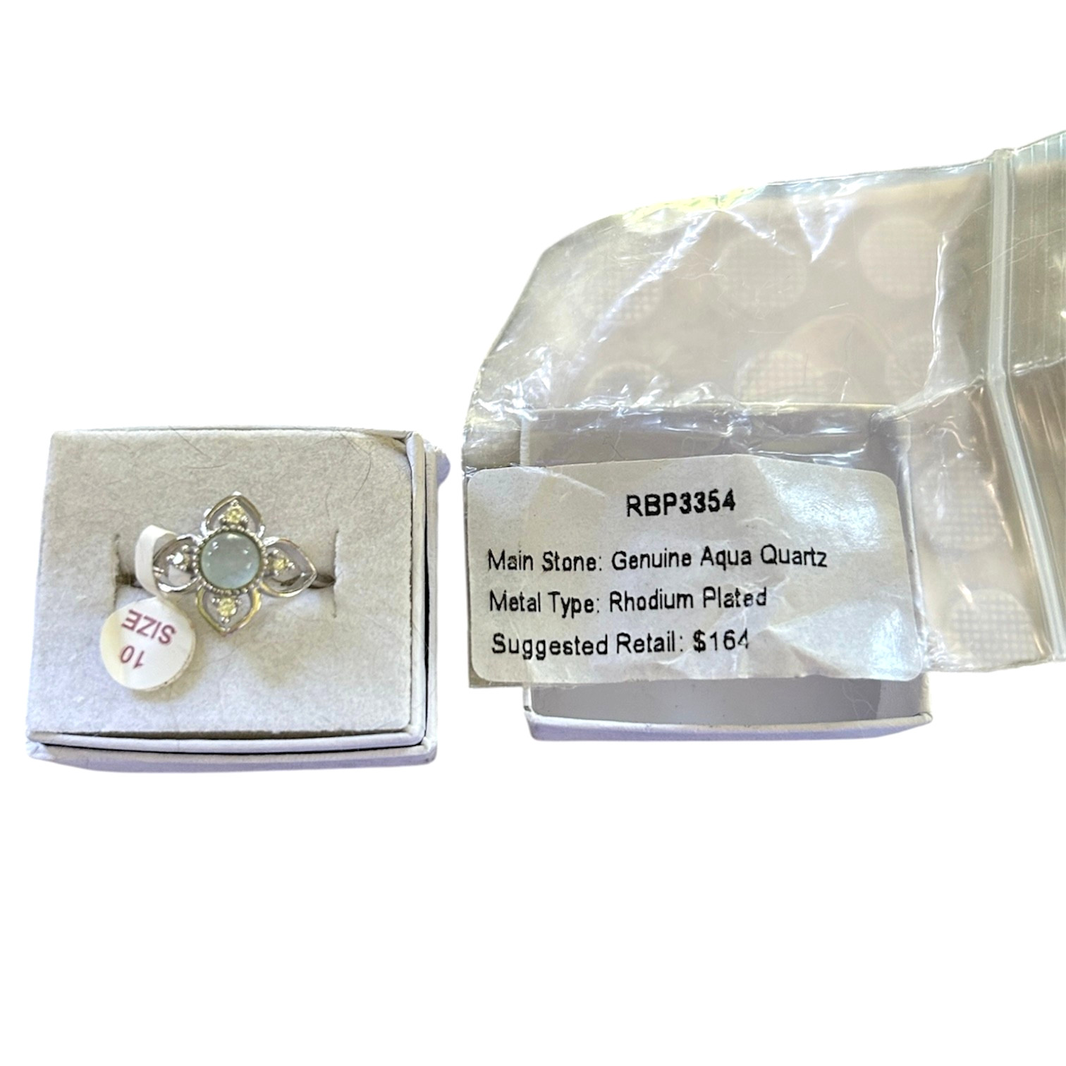 RING BOMB PARTY RBP3354 Genuine Aqua Quartz Flower Ring Size 10 NEW IN BOX