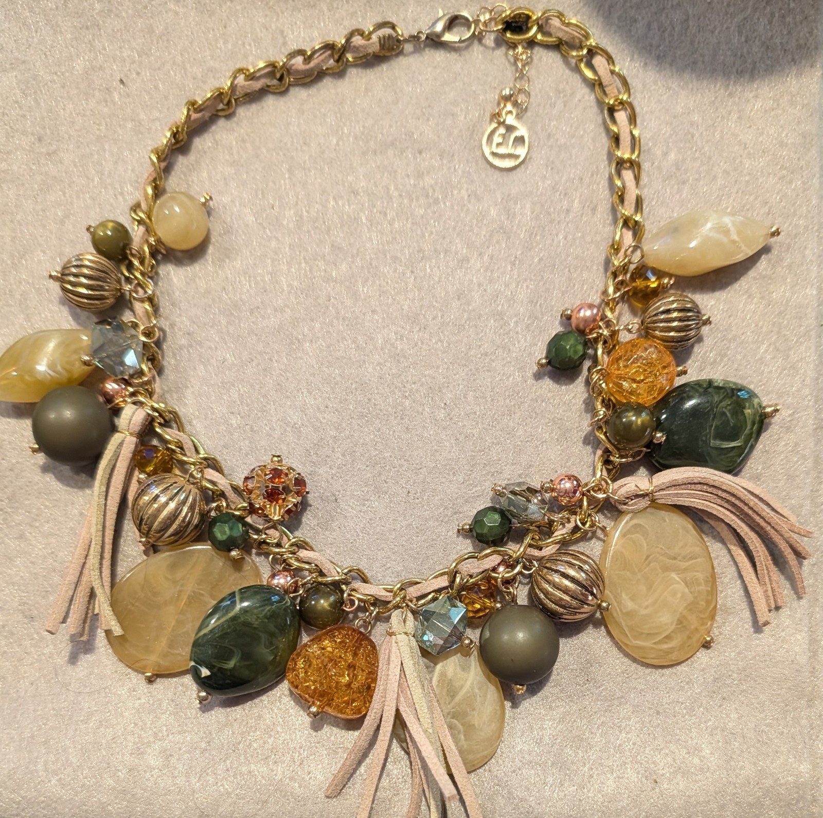 Gold Tone Charm Statement Necklace Green Beige Leather Tassels Curb Lobster